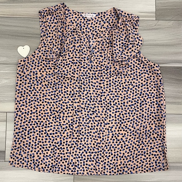 NANETTE LEPORE Pink And Blue Polka Dot Sleeveless Blouse Size Large Flowy Ruffle - Picture 7 of 13